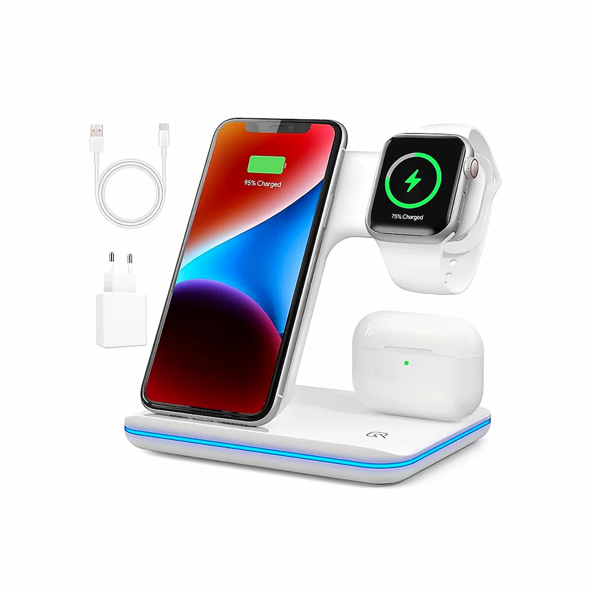 a: Estação de carregamento sem fios 3 em 1 branca com iPhone Apple Watch e AirPods com LED azul - Quantumix