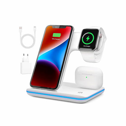 a: Estação de carregamento sem fios 3 em 1 branca com iPhone Apple Watch e AirPods com LED azul - Quantumix