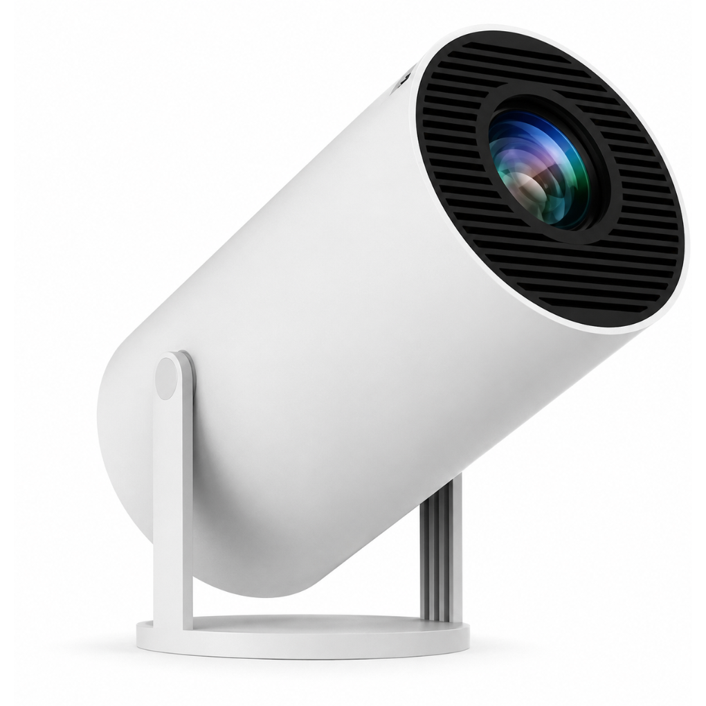 Mini projetor portátil 4K Full HD branco com suporte ajustável e lente multicolorida - Quantumix