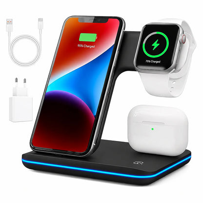 a: Estação de carregamento sem fios 3 em 1 preta com iPhone Apple Watch e AirPods com LED azul - Quantumix