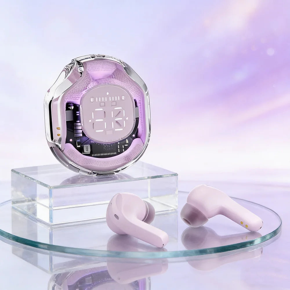 Earbuds TWS CrystalSound Display rosa com caixa transparente LED e ecrã digital sem fios Bluetooth - Quantumix
