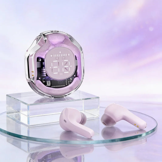Earbuds TWS CrystalSound Display rosa com caixa transparente LED e ecrã digital sem fios Bluetooth - Quantumix
