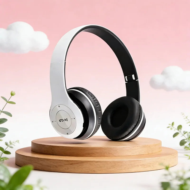 Headphones dobráveis PulseBeat Fold 5.3 branco e preto sem fios Bluetooth com almofadas confortáveis - Quantumix

