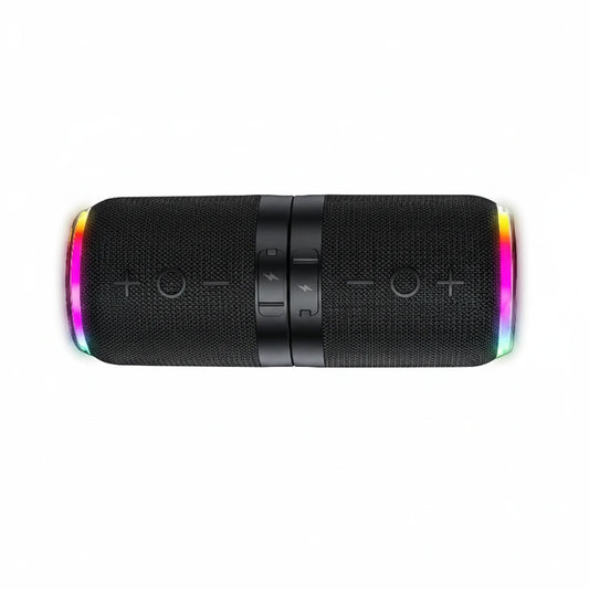 Coluna Bluetooth portátil NeonDesk RGB Studio preta com iluminação RGB nas extremidades e tecido mesh - Quantumix

